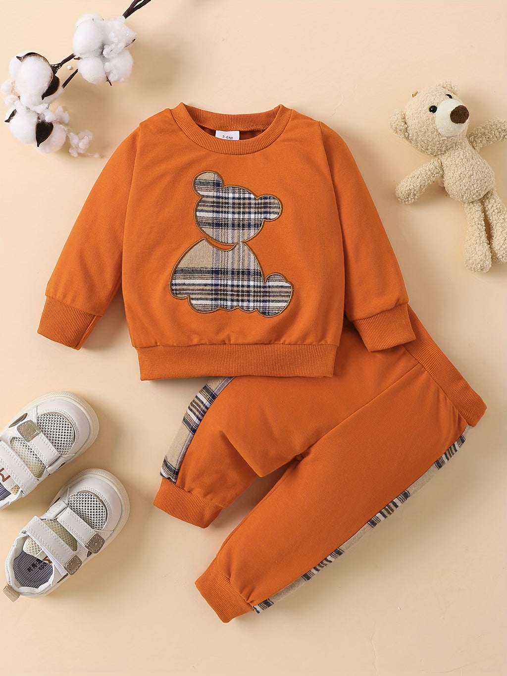 Popular Baby Plaid Bear Embroidery Set - Sweatshirt Tops Pants