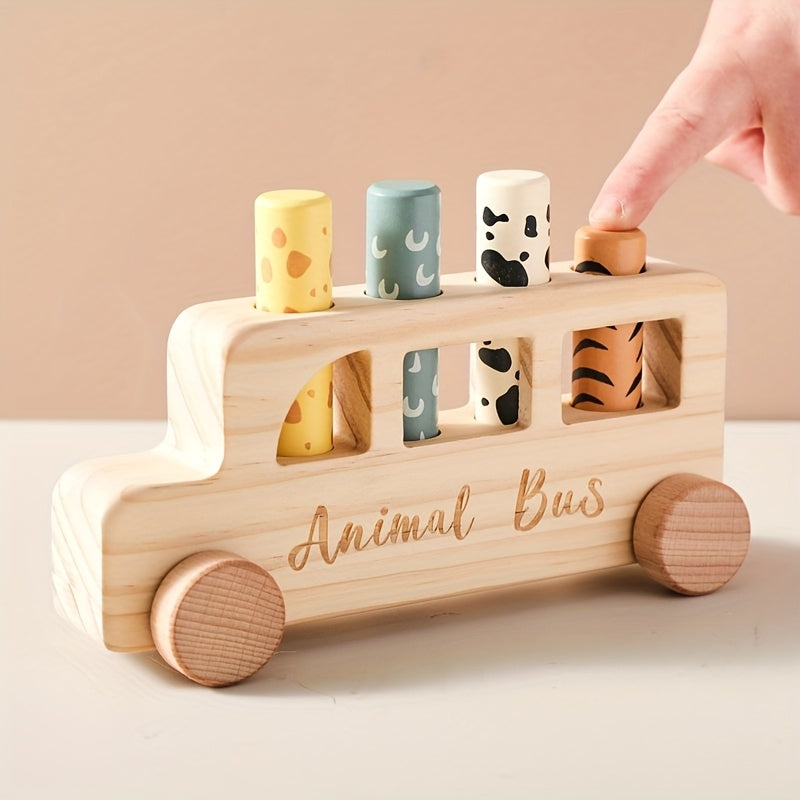 [Colorful Cartoon Toy] Colorful Wooden Baby Educational Cartoon Toy Car Set | Children's Cartoon Bouncy Toy Car, Push-Pull Press Toys | Souvenir Gifts for Babies, Christmas Halloween Easter Gifts
