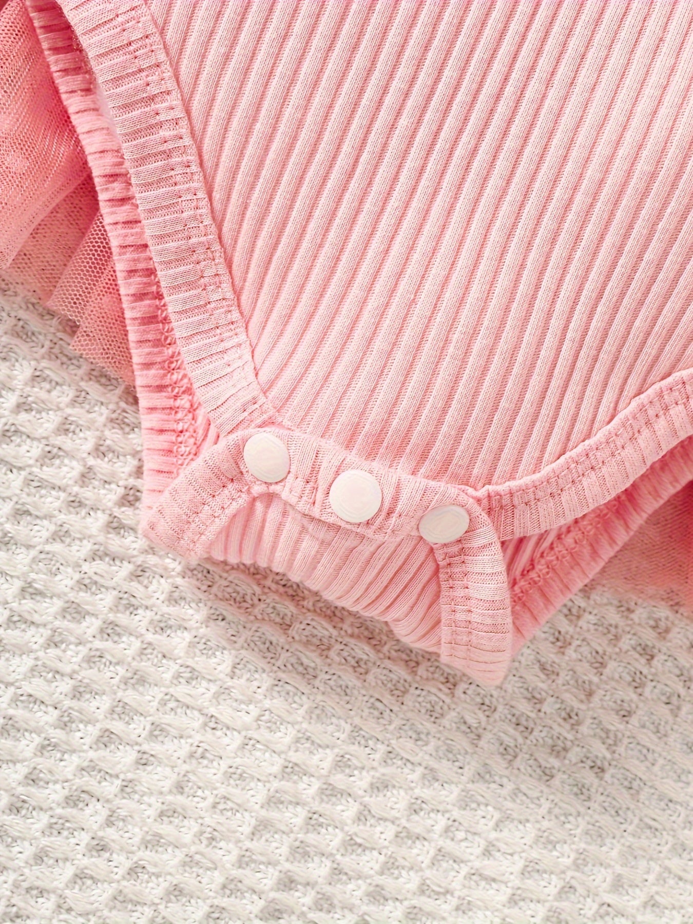 Infant Girls' Spring/Autumn Cotton Ribbed Tulle Dress with 3D Floral Appliques, Sweet Style, Solid Color, Slim Fit, Knit Fabric, with Matching Headband - Baby Outfit, For Outdoor