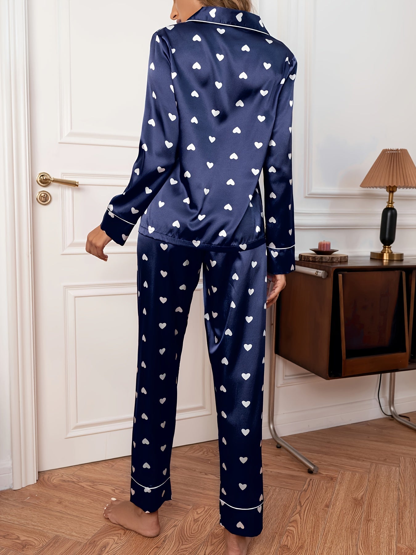 2pcs Set Women'S Adult Long Sleeve Sleepwear, Red Heart Print, Elegant Casual Home Wear