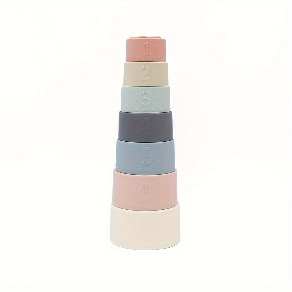 7pcs Baby Stacking Cups Toys, Silicone Multifunction Rainbow Stacking Tower Kids Puzzle Toy, Children Building Blocks Educational Toys