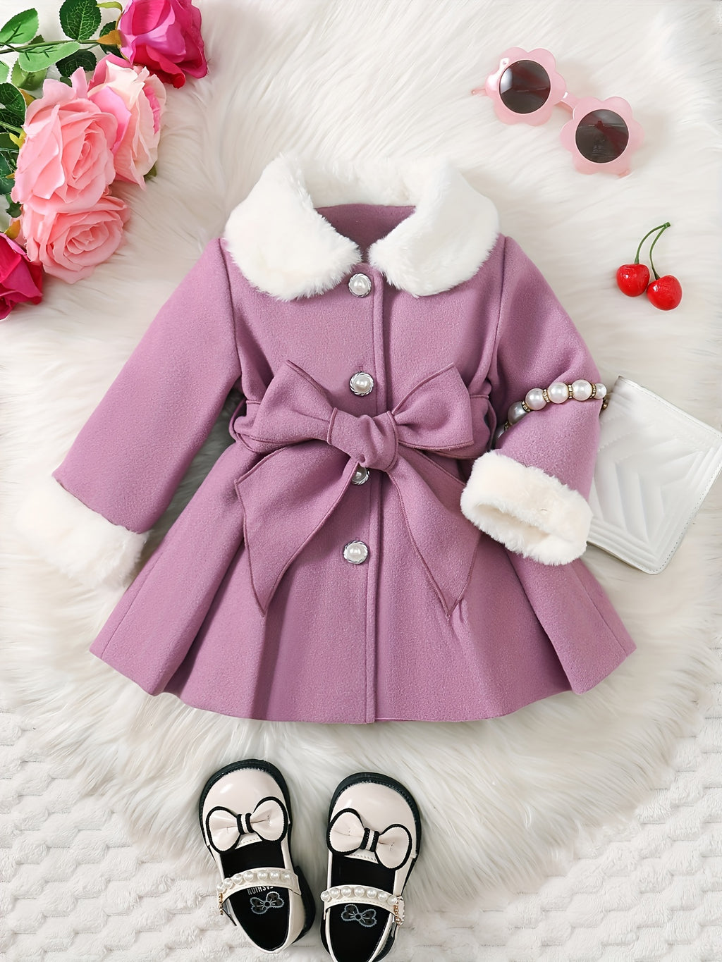 Baby's Elegant Fuzzy Collar Belted Coat, Button Front Warm Overcoat, Baby Girl's Clothing For Fall Winter Outdoor