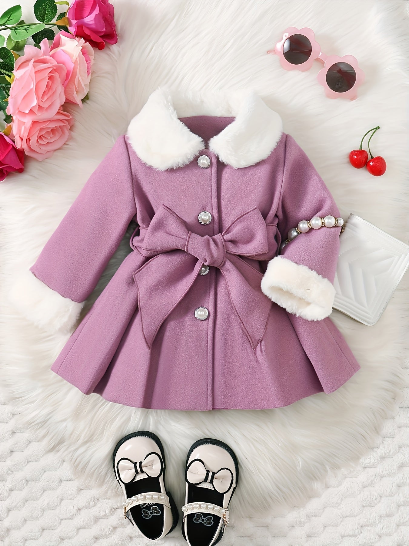 Baby's Elegant Fuzzy Collar Belted Coat, Button Front Warm Overcoat, Baby Girl's Clothing For Fall Winter Outdoor