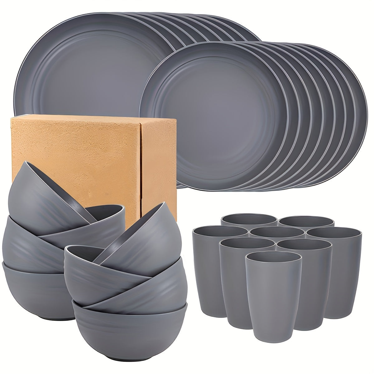 4/16/32pcs, Dinnerware Set, Matte Black Plastic Kitchen Dining Set, Includes 8 Dinner Plates, 8 Dessert Plates, 8 Bowls, 8 Cups Reusable, BPA-Free, For Home And Restaurant Use