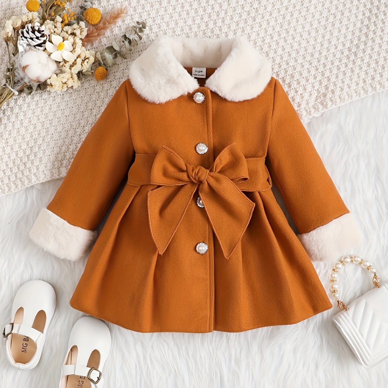 Baby's Elegant Fuzzy Collar Belted Coat, Button Front Warm Overcoat, Baby Girl's Clothing For Fall Winter Outdoor