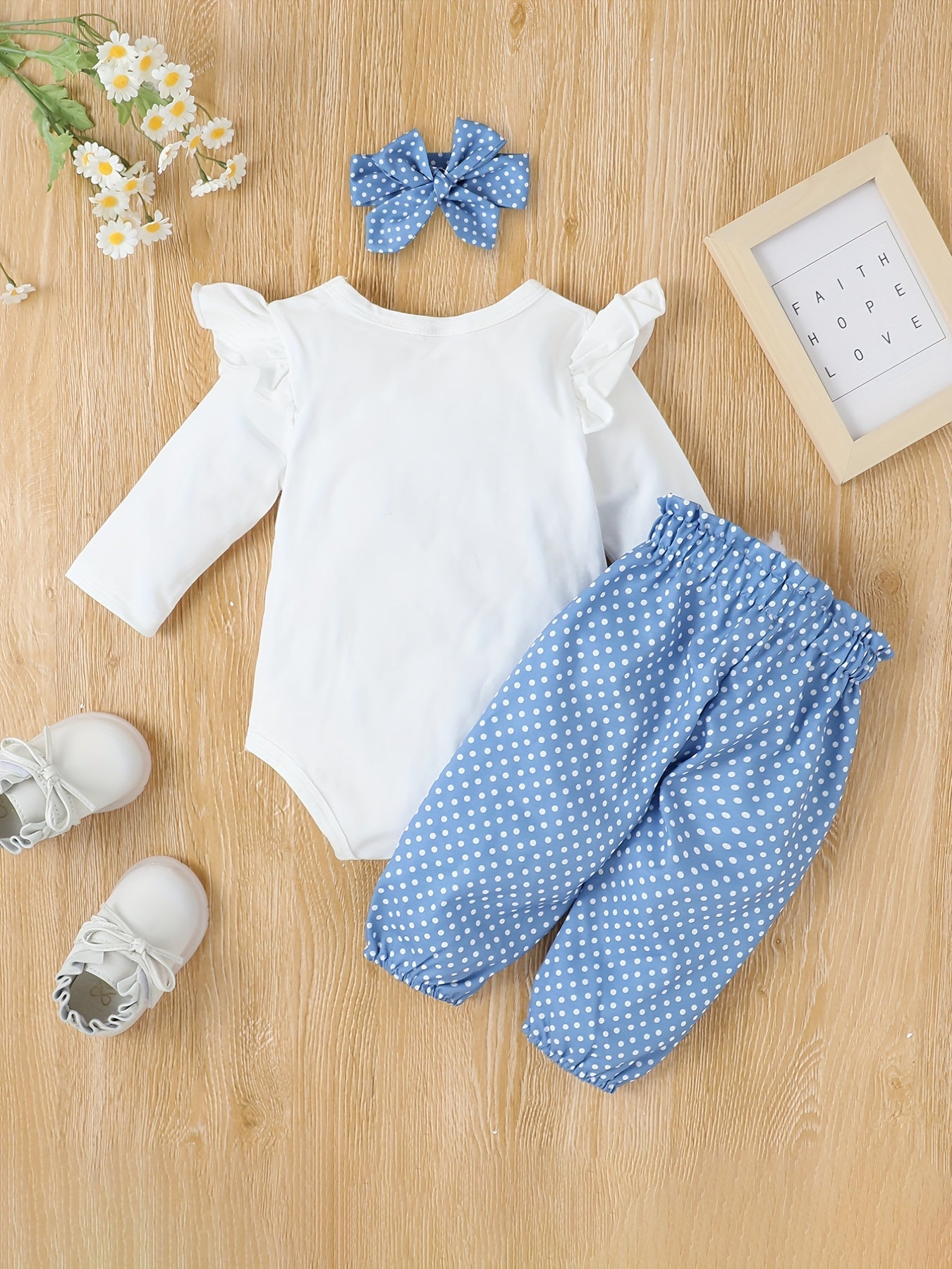 2pcs Baby Girl's Stylish Set, "Isn't She Lovely" Print Long Sleeve Onesie + Polka Dot Pants, Comfy Trendy Outfit Outdoor Clothing