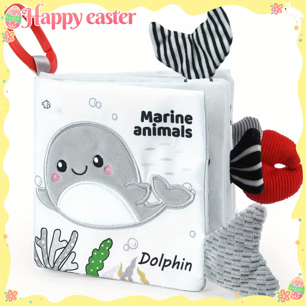 1pc BBSKY Soft Cloth Baby Book with 3D Animal Tails, Sensory Touch and Feel Educational Board Book, Anti-Tear, Polyester Material for Early Learning and Development - Grey and White