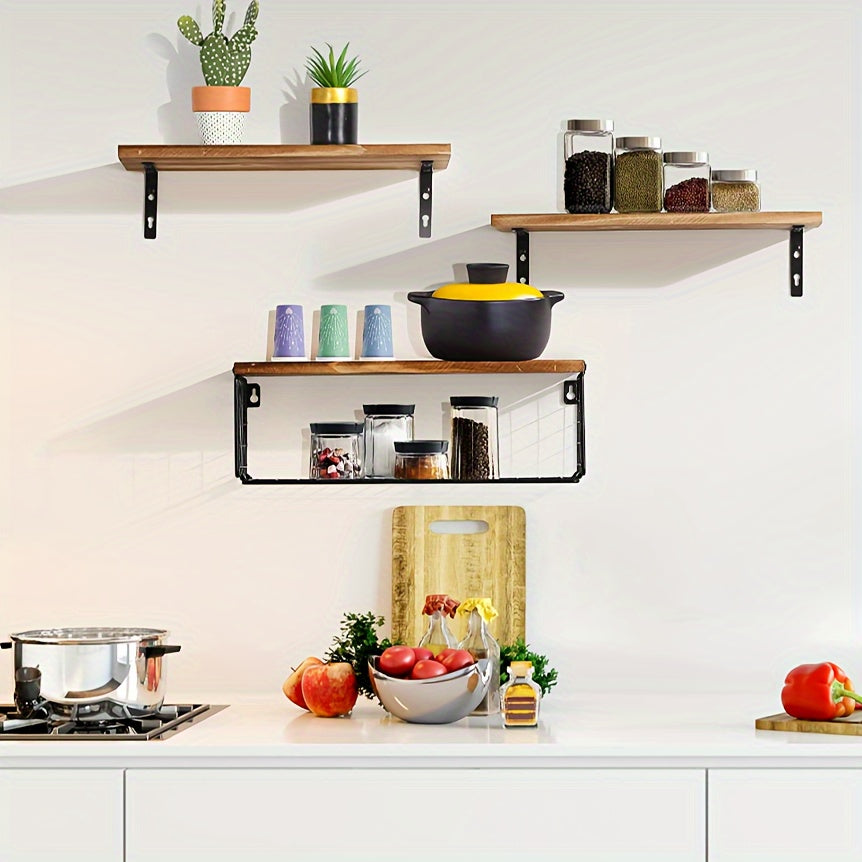 3pcs/set Wooden Floating Storage Rack, Wall-mounted Bathroom Partition Storage Shelves with Tissue Basket, Toilet Paper Iron Storage Basket, Home Organization and Storage Supplies, Bathroom Accessories