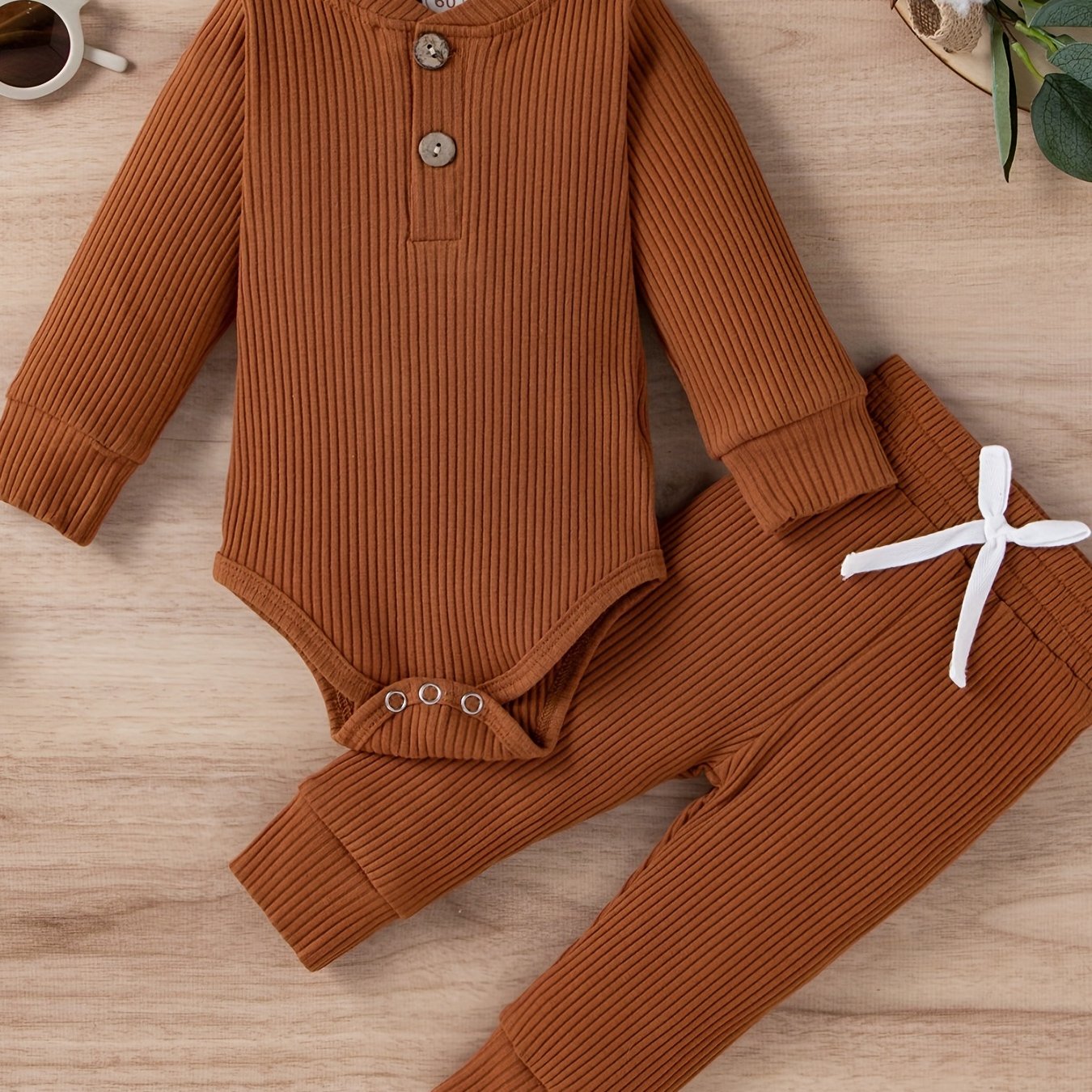 2pcs Baby Infant Boys And Girls Casual Plain Color Long Sleeve Onesie & Pants Set Clothes For Your Little One, Outdoor Cloth