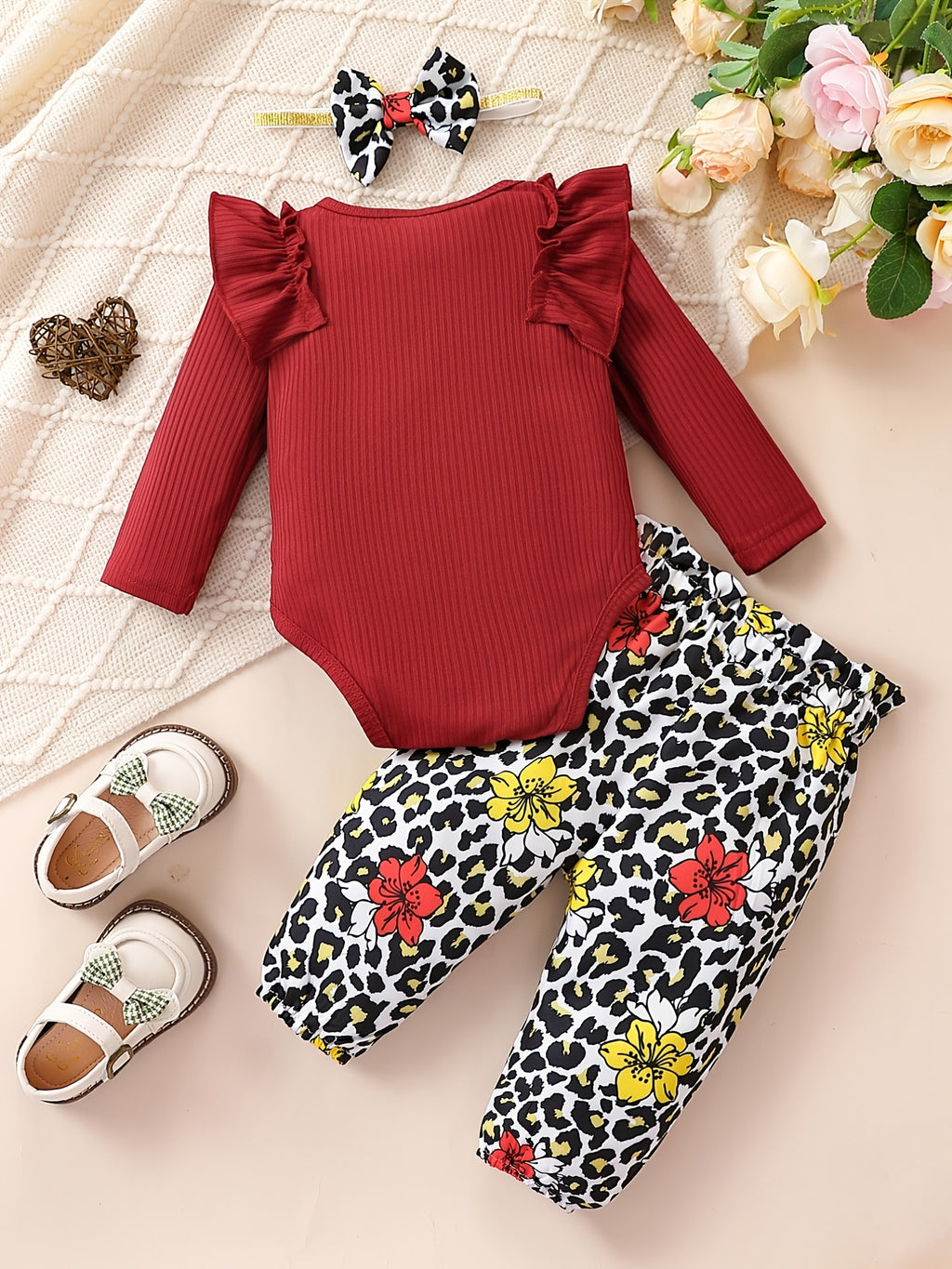 Cute Baby 3pcs Outfits - Floral/leopard Pants & Ruffle Long Sleeve Infant Romper & Headband Set Outdoor Set