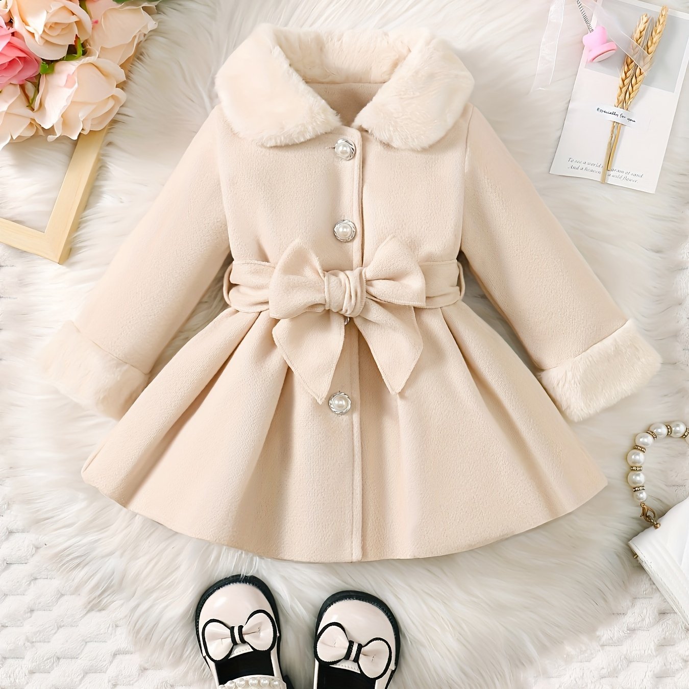 Baby's Elegant Fuzzy Collar Belted Coat, Button Front Warm Overcoat, Baby Girl's Clothing For Fall Winter Outdoor