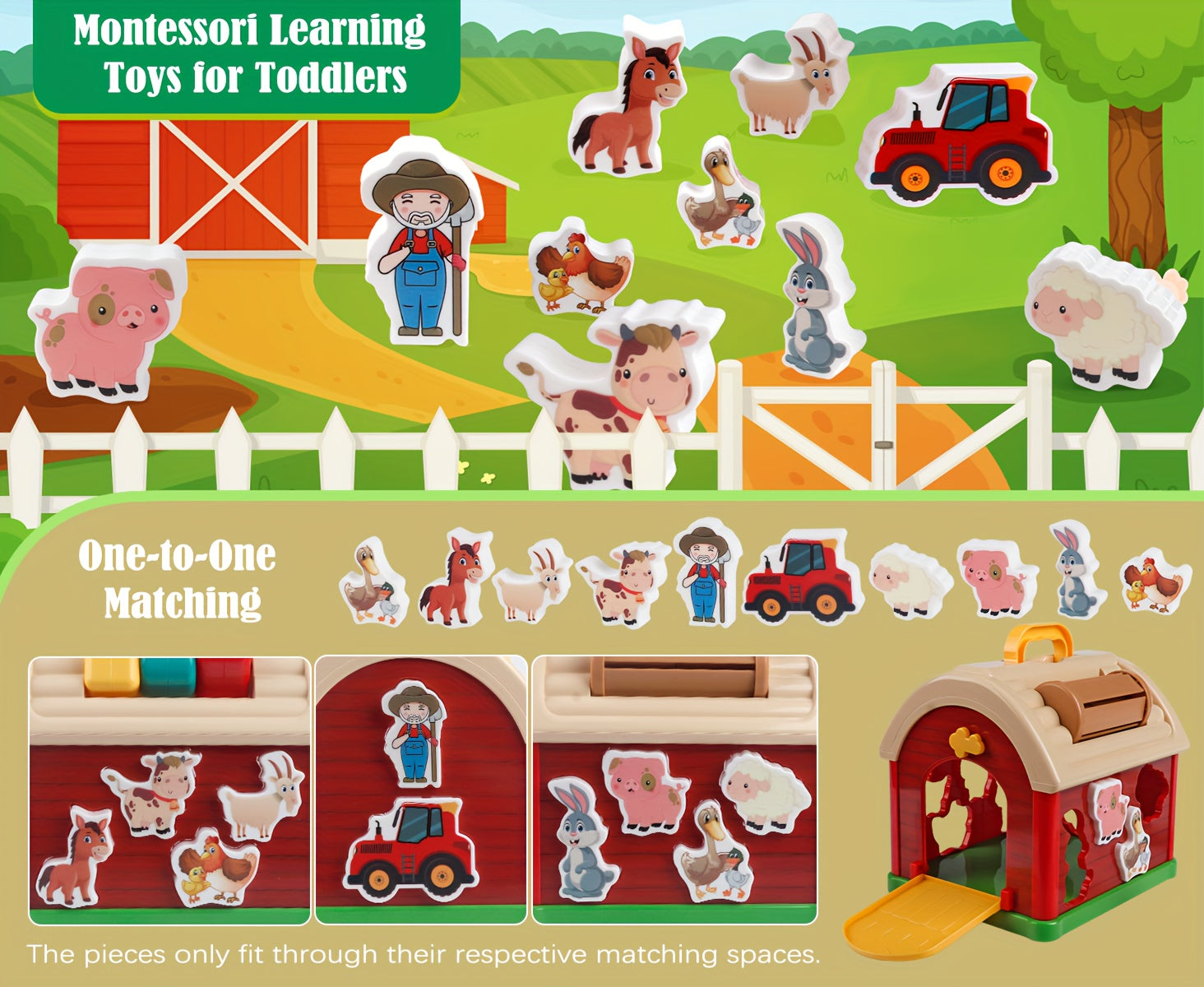 Farm animal toy children Plunack, Montessori sensory toy educational game, baby toy shape sorting machine farm, toddler girls and boys, birthday holiday Easter gifts for children aged 1-3