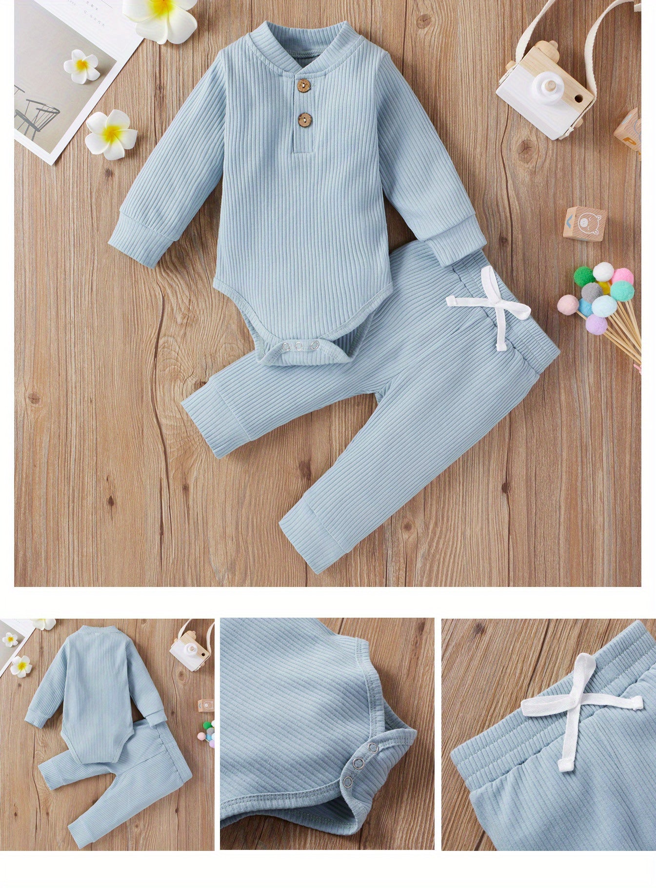 2pcs Baby Infant Boys And Girls Casual Plain Color Long Sleeve Onesie & Pants Set Clothes For Your Little One, Outdoor Cloth