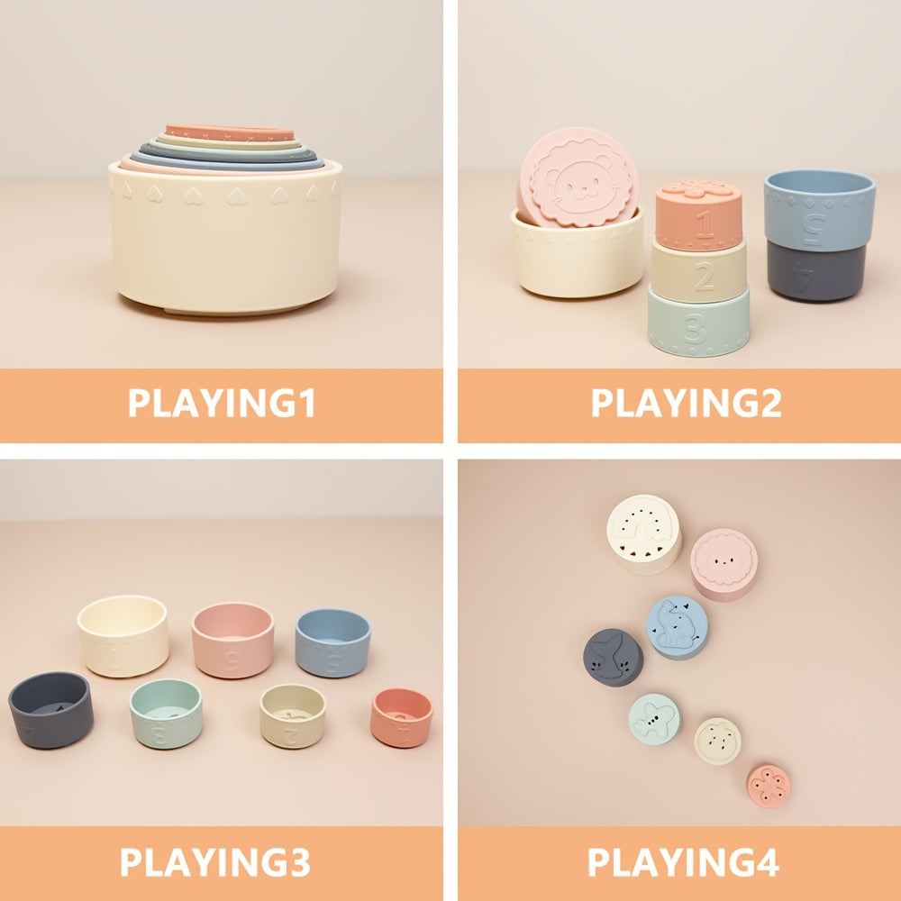 7pcs Baby Stacking Cups Toys, Silicone Multifunction Rainbow Stacking Tower Kids Puzzle Toy, Children Building Blocks Educational Toys