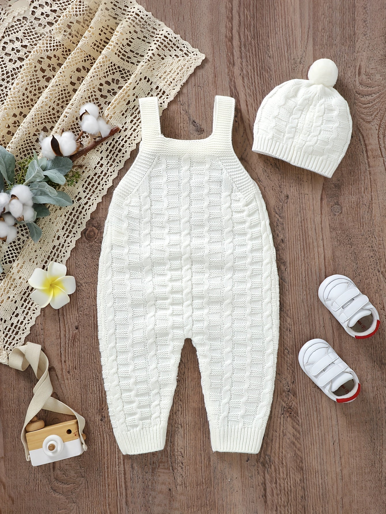 Infant Baby Wool Knitted Suspender Jumpsuit, Long Legs Climbing Suit With Hat Set Without Lining