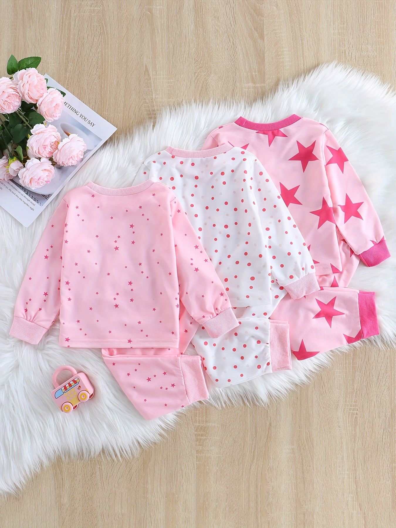 3 Sets Baby Girl's Pink Series Star Pattern Long Sleeve Top & Trousers Pajama Set, Comfy & Skin-friendly PJ Set, Baby Girl's Loungewear, As Daily Gift