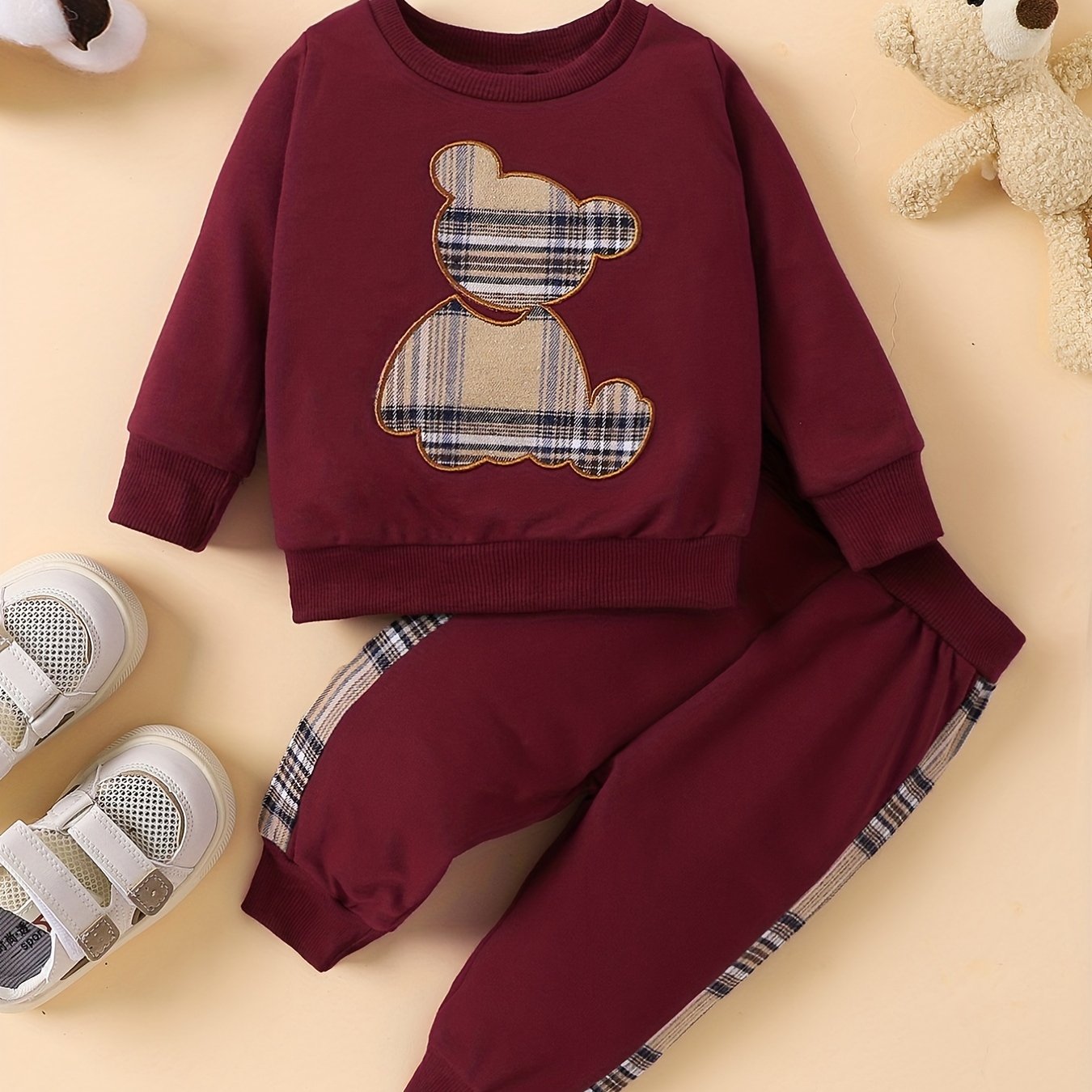 Popular Baby Plaid Bear Embroidery Set - Sweatshirt Tops Pants