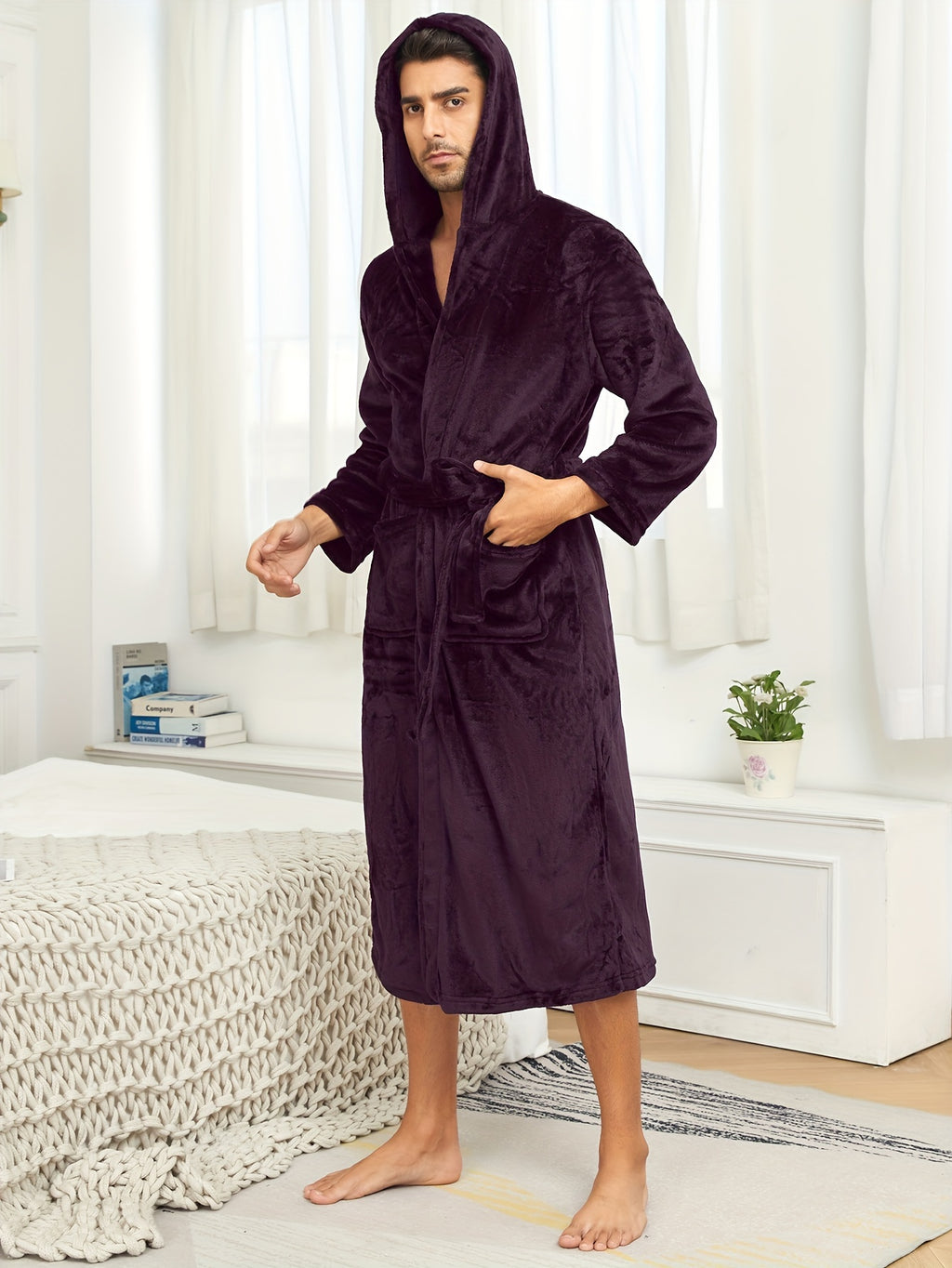 Ultra-Soft Flannel Double Layer Hooded Bathrobe for Men - Breathable, Comfy, Solid Color, with Belt, Perfect for Home Pajamas, Sleepwear, Night-Robe, After Bath Relaxation, Plush, Cozy, and Warm
