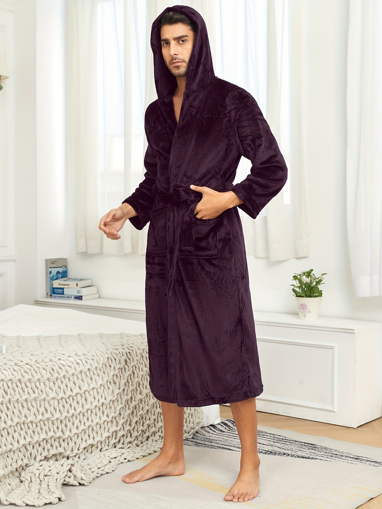 Ultra-Soft Flannel Double Layer Hooded Bathrobe for Men - Breathable, Comfy, Solid Color, with Belt, Perfect for Home Pajamas, Sleepwear, Night-Robe, After Bath Relaxation, Plush, Cozy, and Warm