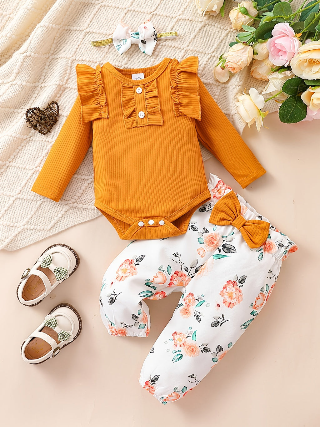 Cute Baby 3pcs Outfits - Floral/leopard Pants & Ruffle Long Sleeve Infant Romper & Headband Set Outdoor Set