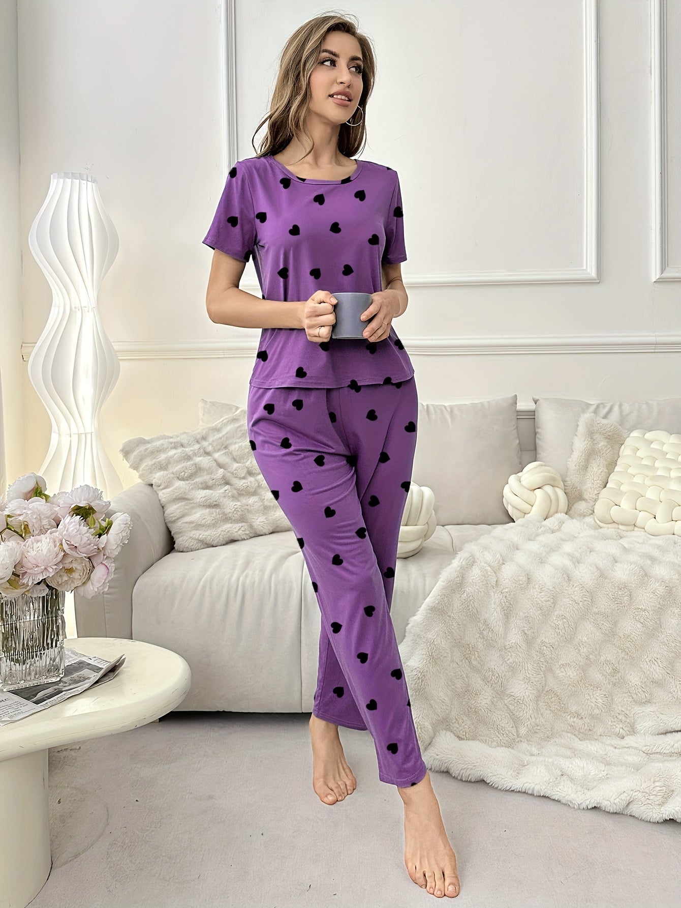 Women's Short Sleeve T-shirt & Long Pants Pajama Set, Love Heart Print, Comfortable Loungewear, Home Wear, Casual Outfit, Available For Outdoor Use