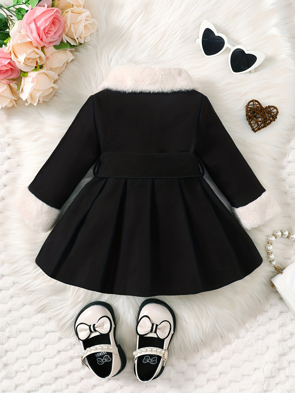 Baby's Elegant Fuzzy Collar Belted Coat, Button Front Warm Overcoat, Baby Girl's Clothing For Fall Winter Outdoor