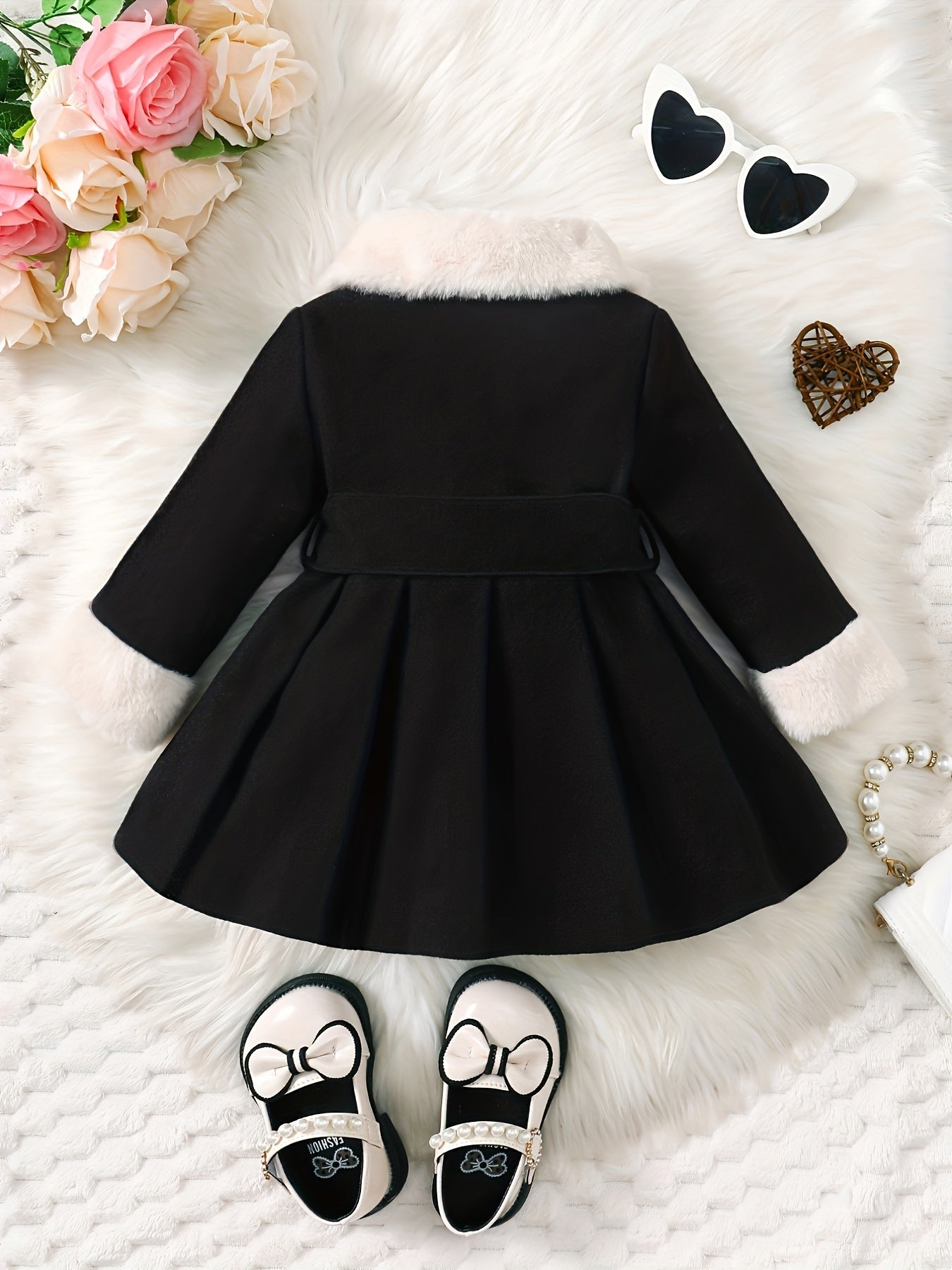 Baby's Elegant Fuzzy Collar Belted Coat, Button Front Warm Overcoat, Baby Girl's Clothing For Fall Winter Outdoor