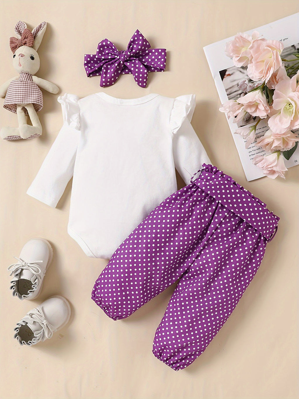 2pcs Baby Girl's Stylish Set, "Isn't She Lovely" Print Long Sleeve Onesie + Polka Dot Pants, Comfy Trendy Outfit Outdoor Clothing