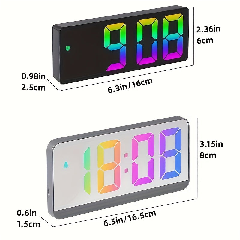 Colorful LED Alarm Clock with HD Mirror Display, Temperature, Adjustable Brightness & USB/Battery Option - Perfect for Home & Travel