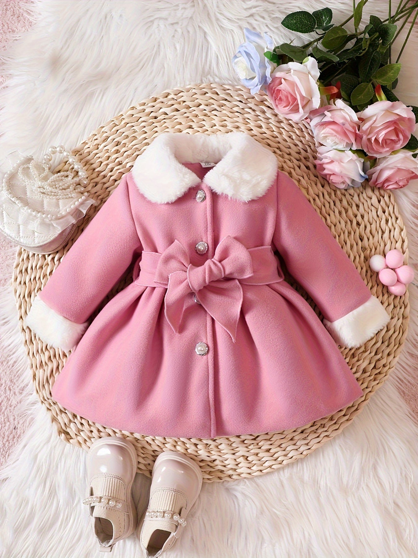 Baby's Elegant Fuzzy Collar Belted Coat, Button Front Warm Overcoat, Baby Girl's Clothing For Fall Winter Outdoor