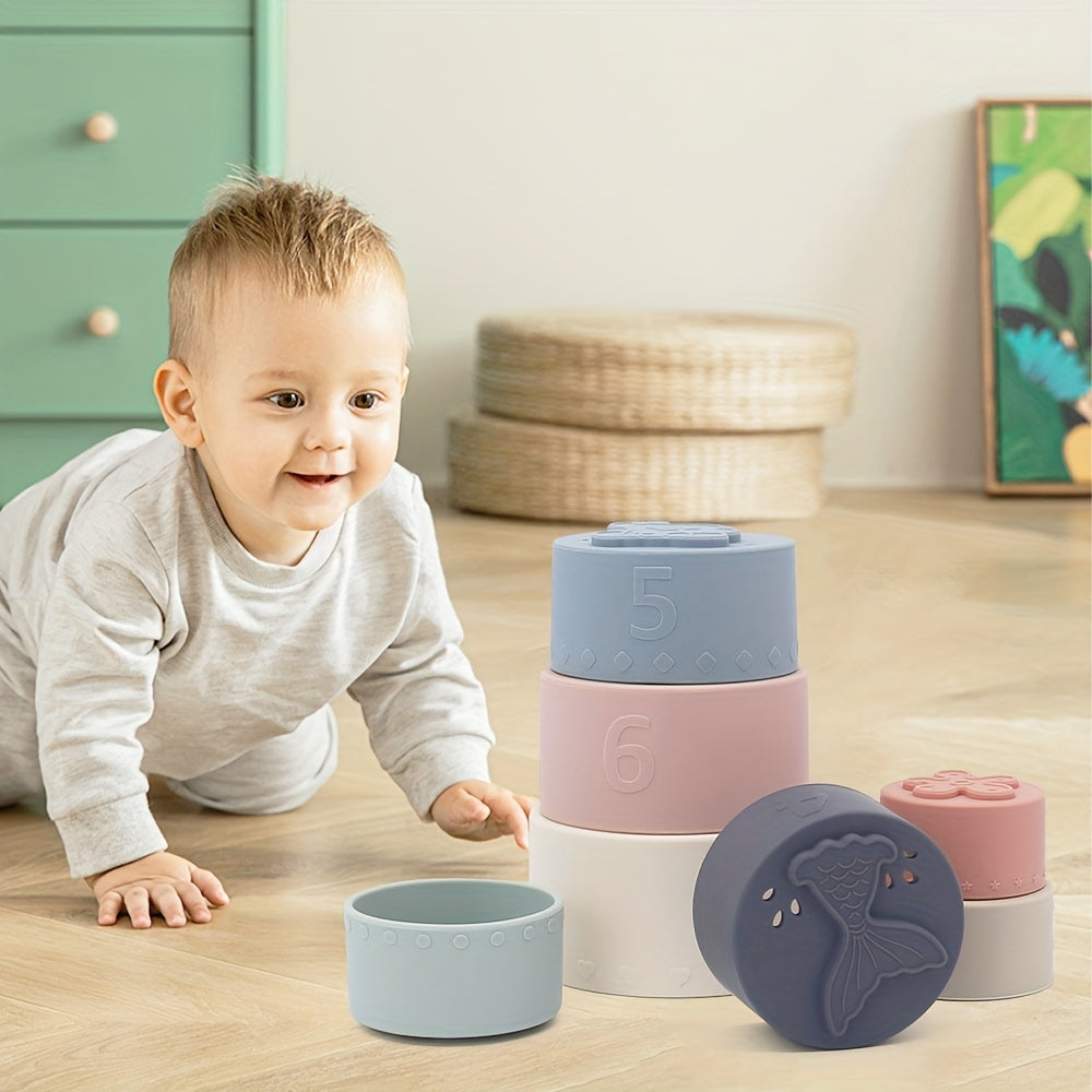 7pcs Baby Stacking Cups Toys, Silicone Multifunction Rainbow Stacking Tower Kids Puzzle Toy, Children Building Blocks Educational Toys