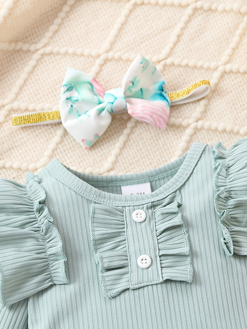 Cute Baby 3pcs Outfits - Floral/leopard Pants & Ruffle Long Sleeve Infant Romper & Headband Set Outdoor Set