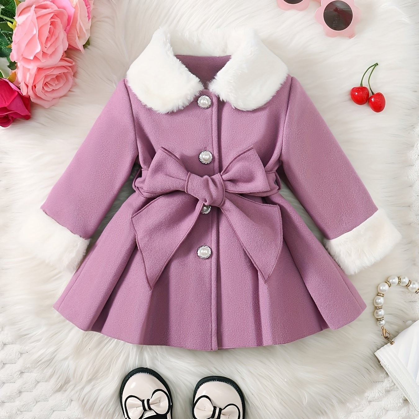 Baby's Elegant Fuzzy Collar Belted Coat, Button Front Warm Overcoat, Baby Girl's Clothing For Fall Winter Outdoor