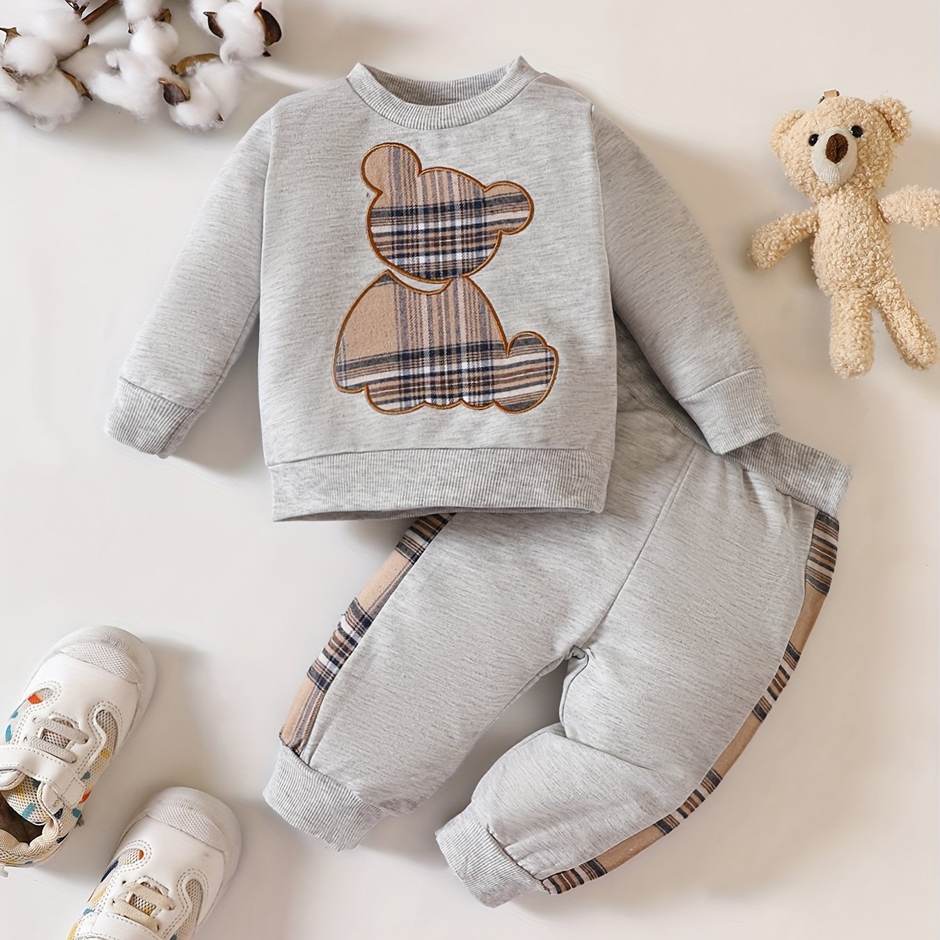 Popular Baby Plaid Bear Embroidery Set - Sweatshirt Tops Pants