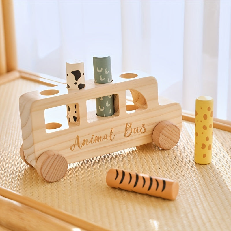 [Colorful Cartoon Toy] Colorful Wooden Baby Educational Cartoon Toy Car Set | Children's Cartoon Bouncy Toy Car, Push-Pull Press Toys | Souvenir Gifts for Babies, Christmas Halloween Easter Gifts