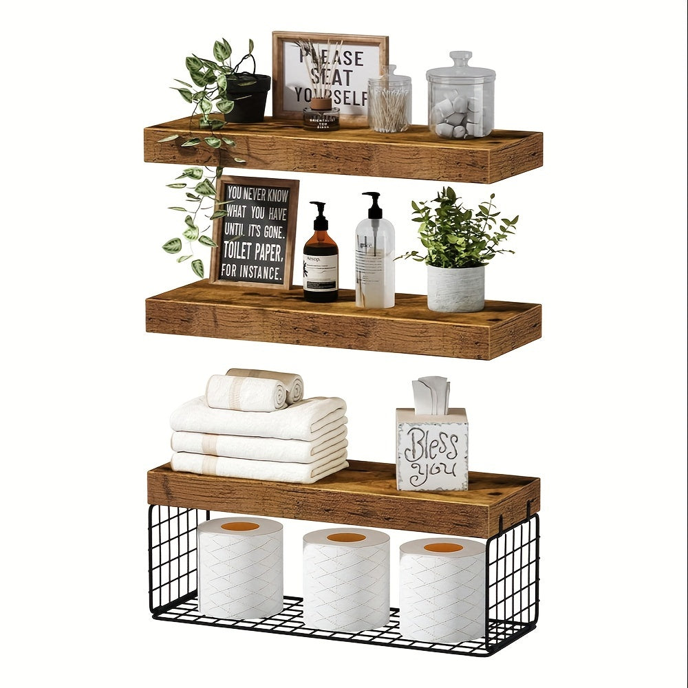 3pcs/set Wooden Floating Storage Rack, Wall-mounted Bathroom Partition Storage Shelves with Tissue Basket, Toilet Paper Iron Storage Basket, Home Organization and Storage Supplies, Bathroom Accessories