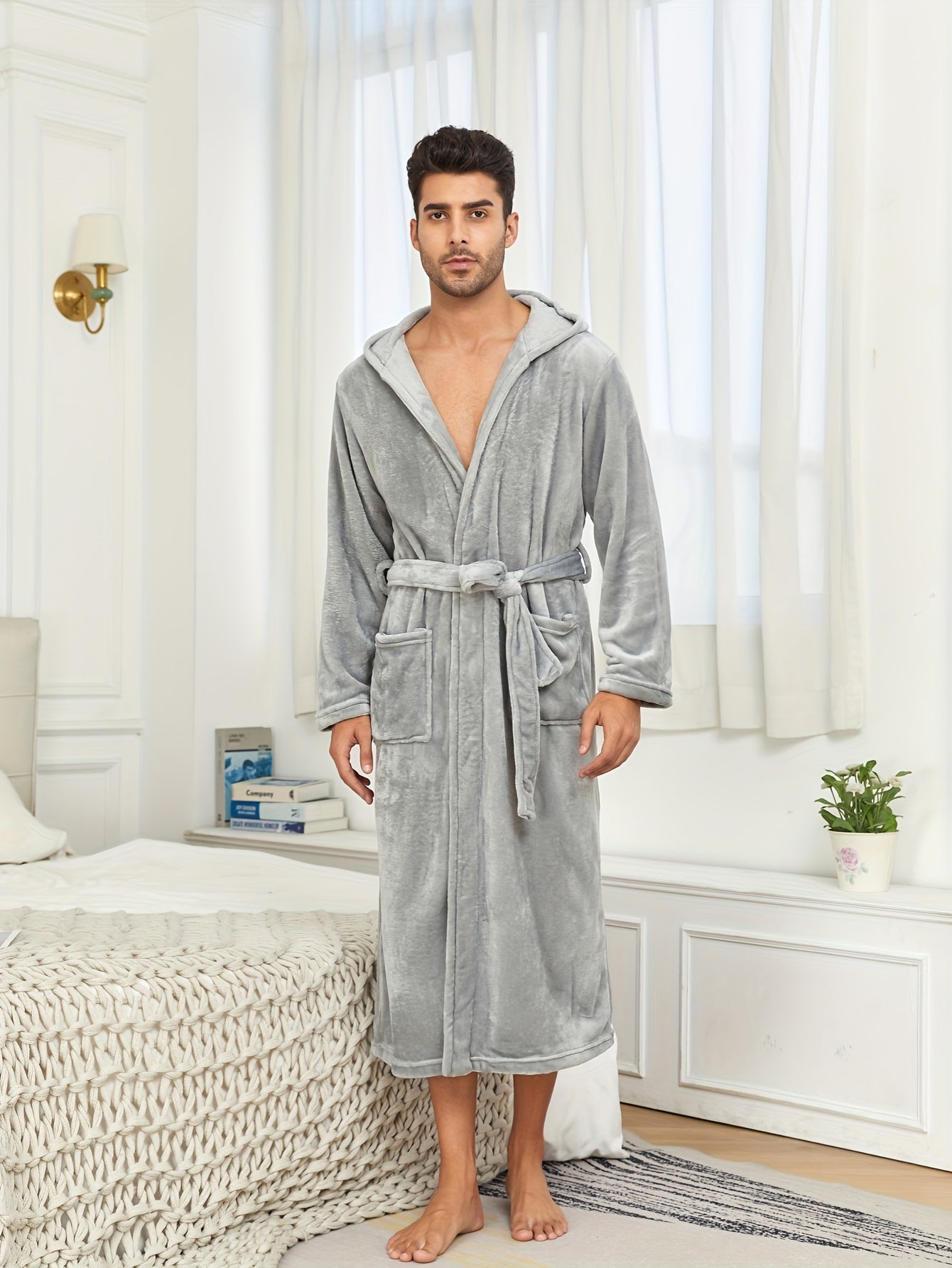 Ultra-Soft Flannel Double Layer Hooded Bathrobe for Men - Breathable, Comfy, Solid Color, with Belt, Perfect for Home Pajamas, Sleepwear, Night-Robe, After Bath Relaxation, Plush, Cozy, and Warm