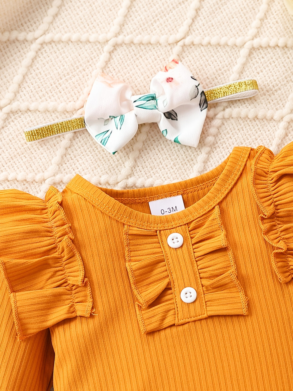 Cute Baby 3pcs Outfits - Floral/leopard Pants & Ruffle Long Sleeve Infant Romper & Headband Set Outdoor Set