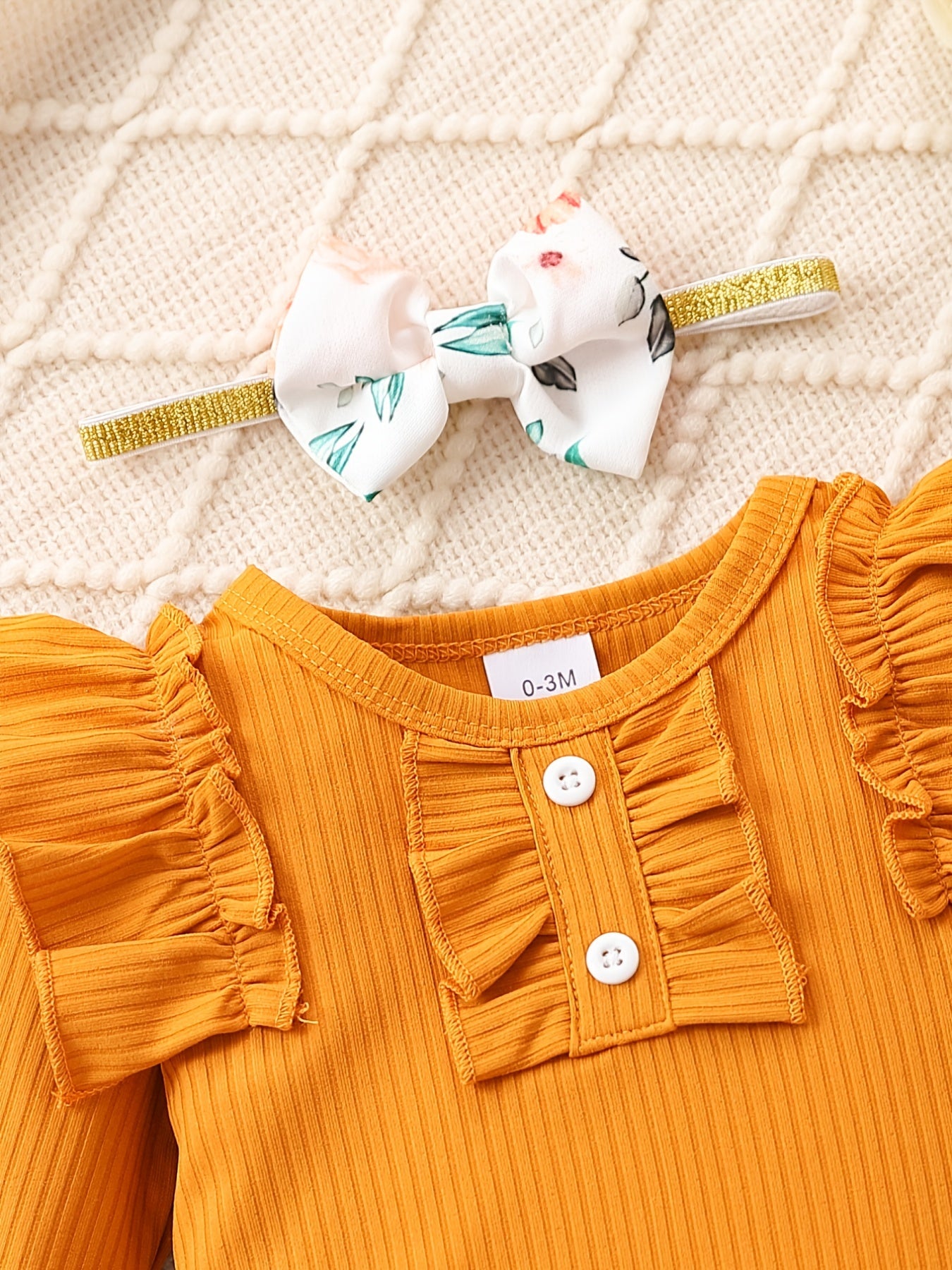 Cute Baby 3pcs Outfits - Floral/leopard Pants & Ruffle Long Sleeve Infant Romper & Headband Set Outdoor Set