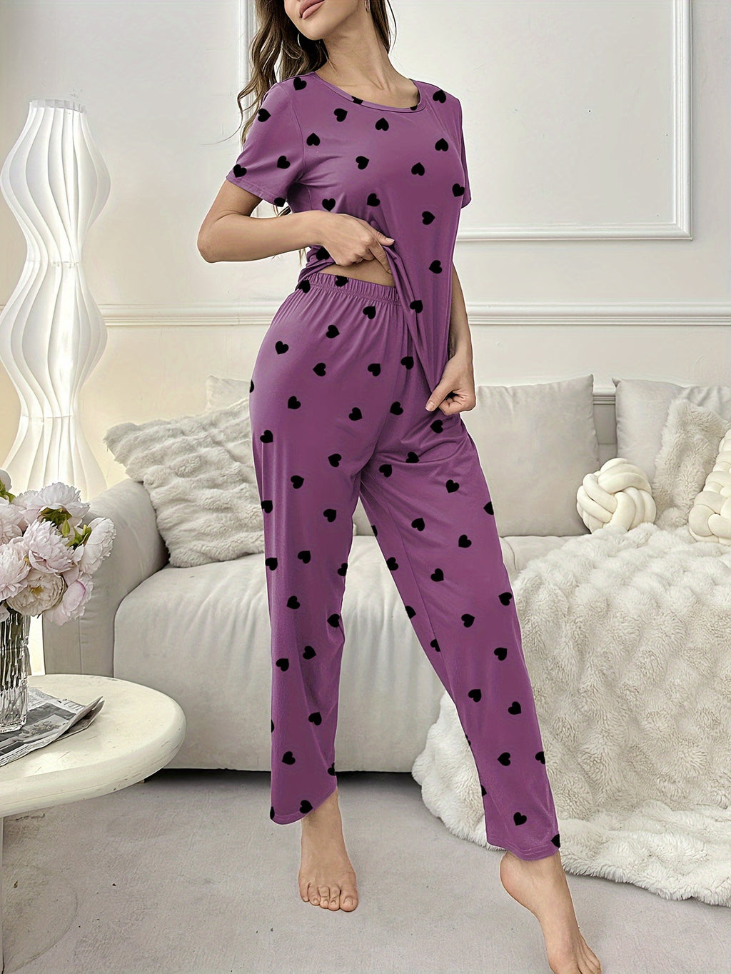 Women's Short Sleeve T-Shirt And Pants Pajama Set, Love Heart Print, Loungewear, Sleepwear, Casual Home Wear, Comfy Basic Style