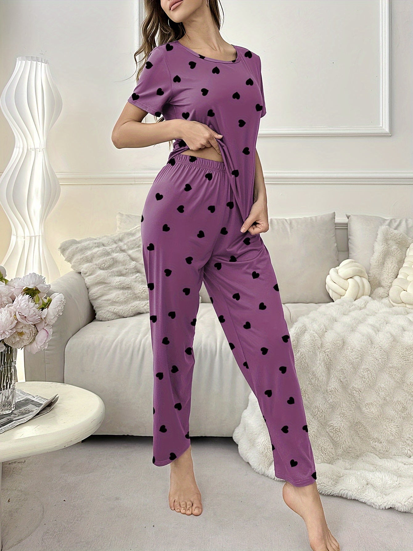 Women's Short Sleeve T-Shirt And Pants Pajama Set, Love Heart Print, Loungewear, Sleepwear, Casual Home Wear, Comfy Basic Style