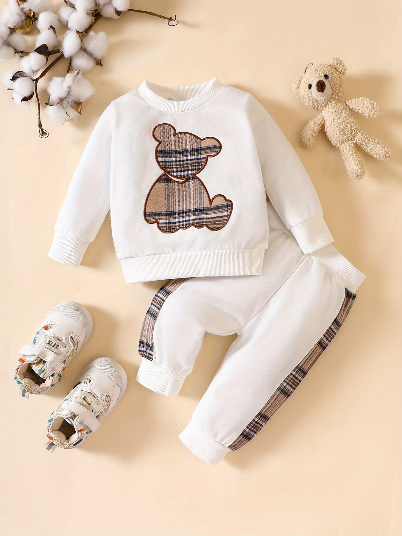 Popular Baby Plaid Bear Embroidery Set - Sweatshirt Tops Pants