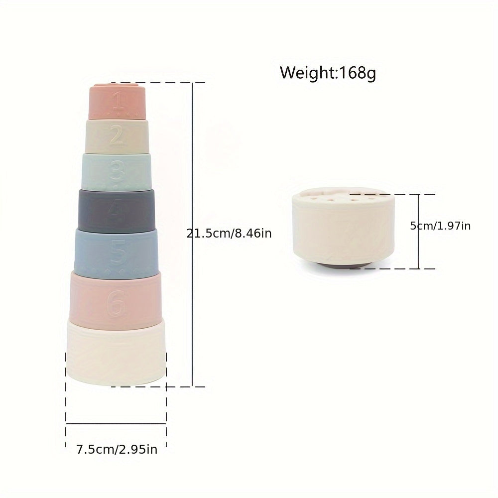 7pcs Baby Stacking Cups Toys, Silicone Multifunction Rainbow Stacking Tower Kids Puzzle Toy, Children Building Blocks Educational Toys
