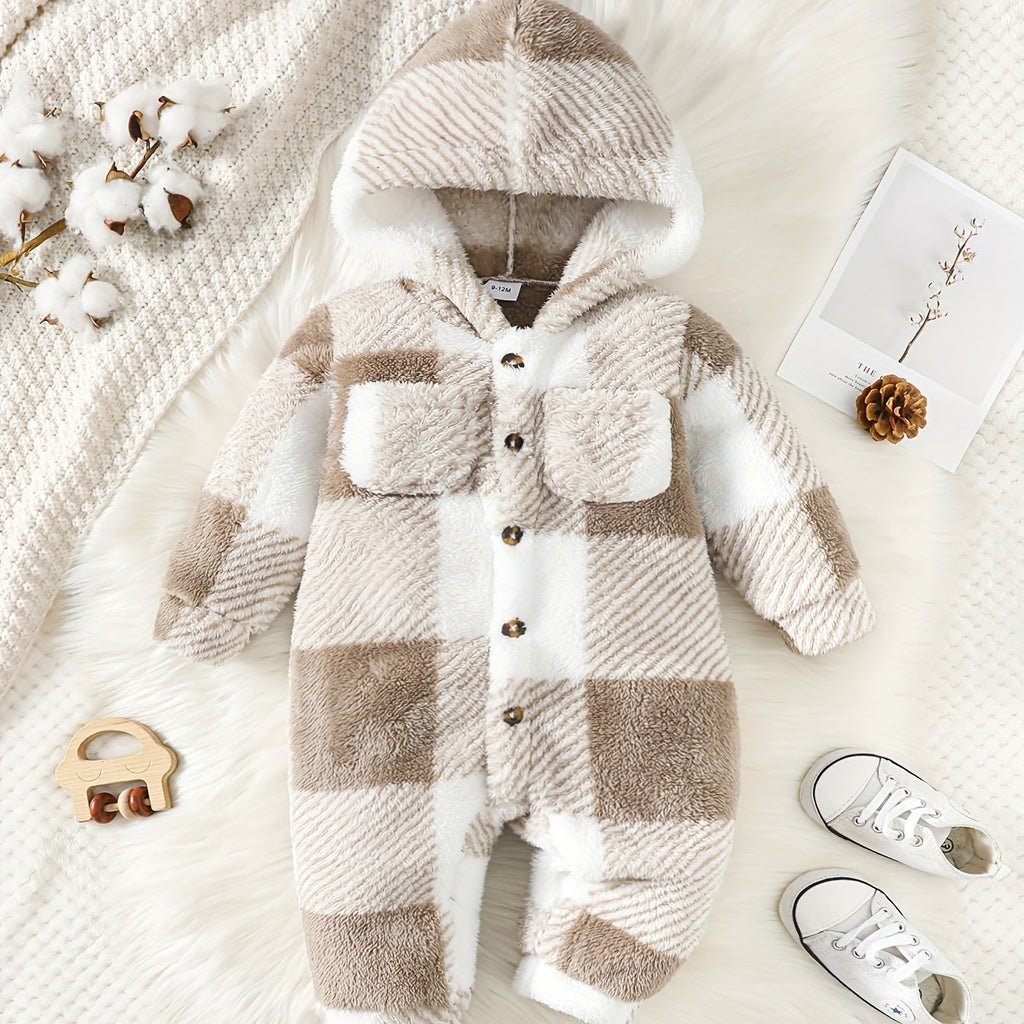 Baby Boy Autumn And Winter Style Fluffy Plaid Pocket Cute Long Sleeve Jumpsuit, For Outdoor