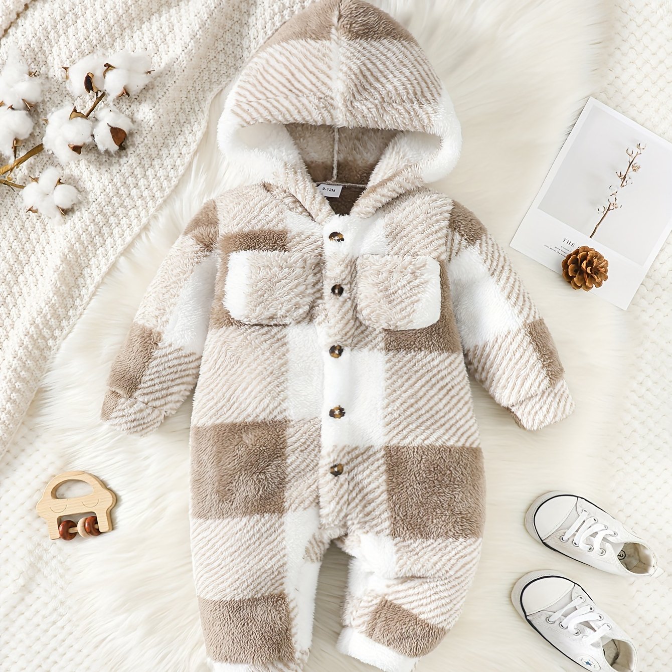 Baby Boy Autumn And Winter Style Fluffy Plaid Pocket Cute Long Sleeve Jumpsuit, For Outdoor