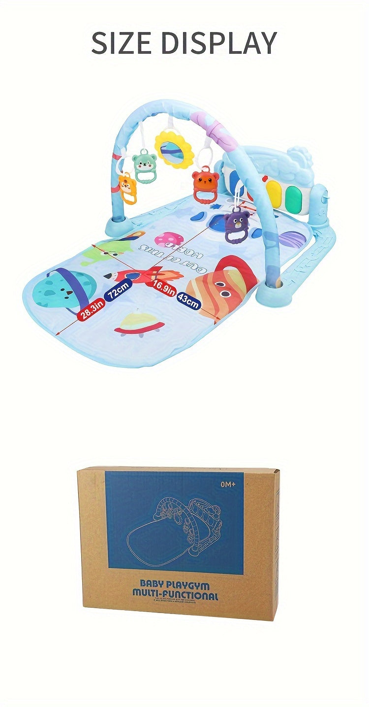 Multifunctional Baby Play Mat with Fitness Gym, Newborn Activity Playmat with Hanging Rattles, Music Box, Kick n Play Piano, Light-Up Keys, Animal & Space Theme, Non-Toxic Plastic, 0-3 Years
