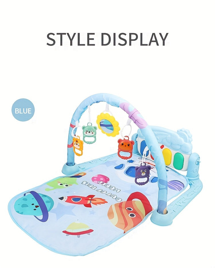 Multifunctional Baby Play Mat with Fitness Gym, Newborn Activity Playmat with Hanging Rattles, Music Box, Kick n Play Piano, Light-Up Keys, Animal & Space Theme, Non-Toxic Plastic, 0-3 Years
