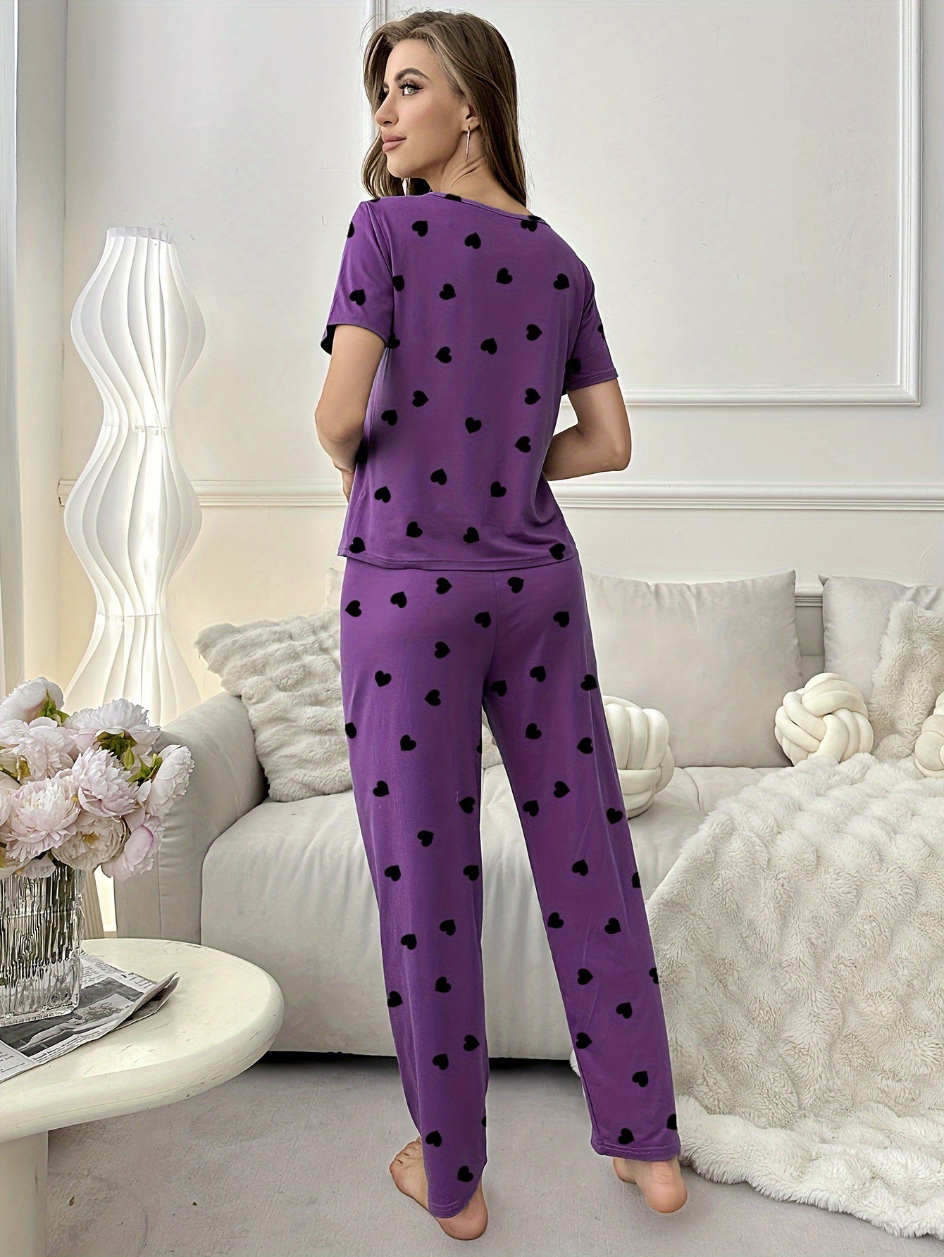 Women's Short Sleeve T-shirt & Long Pants Pajama Set, Love Heart Print, Comfortable Loungewear, Home Wear, Casual Outfit, Available For Outdoor Use