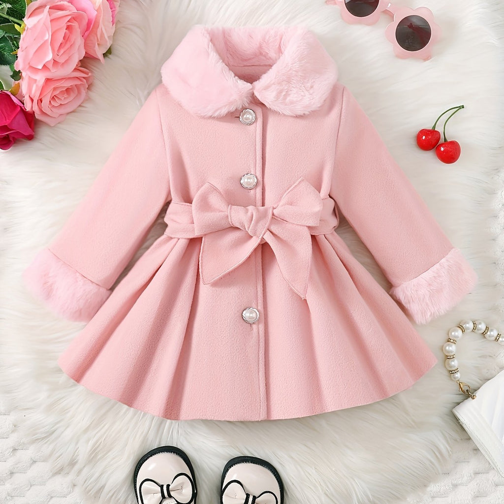 Baby's Elegant Fuzzy Collar Belted Coat, Button Front Warm Overcoat, Baby Girl's Clothing For Fall Winter Outdoor