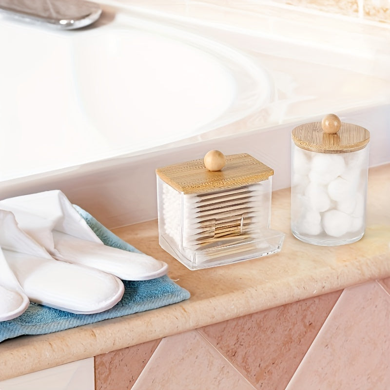 3pcs Cotton Swab Holder, Bathroom Dispenser Storage Box For Cotton Ball, Cotton Swab, Cotton Round Pads And Floss Picks, Clear Storage Canister With Bamboo Lid, Home Organization And Storage Supplies